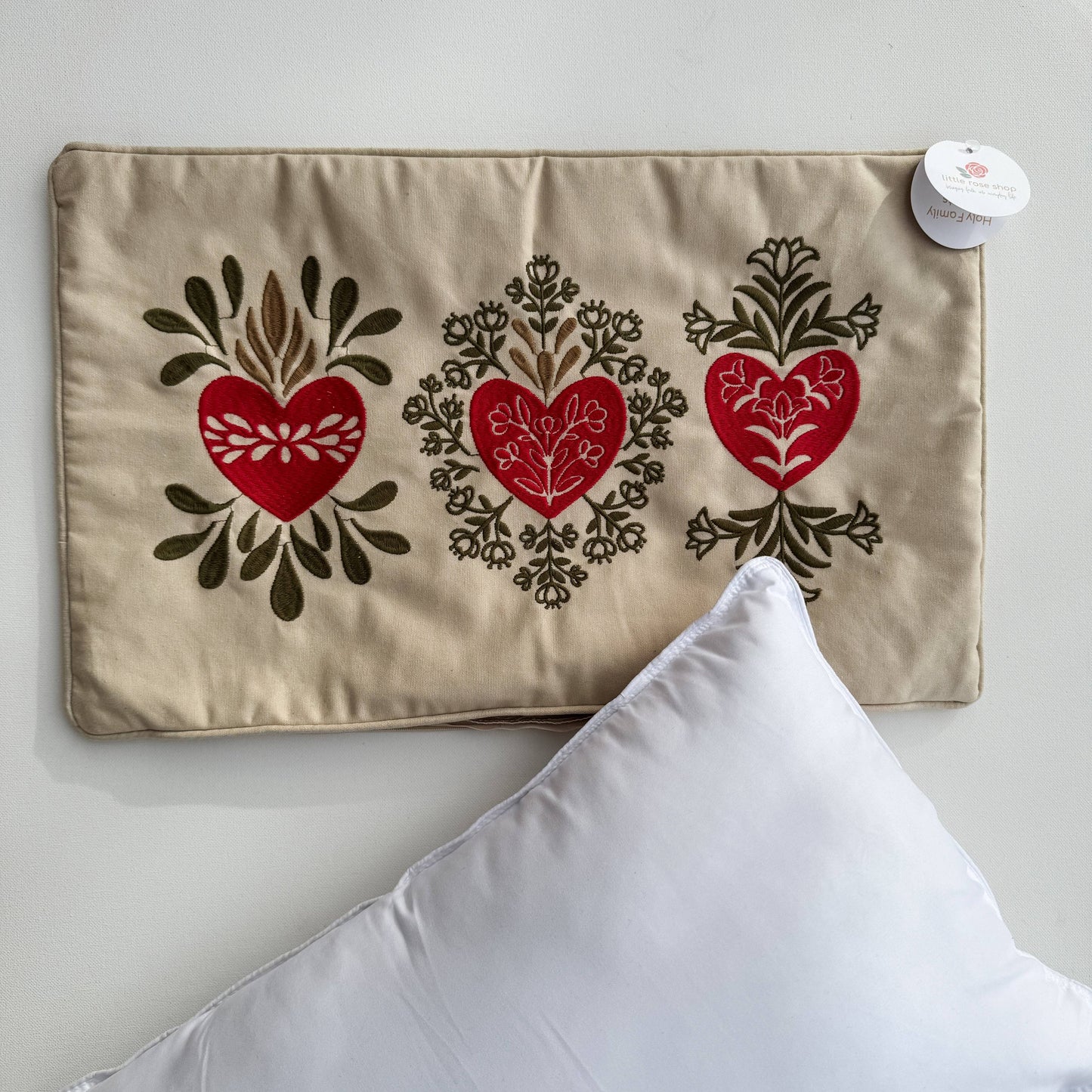 The Little Rose Shop - Holy Family Hearts Embroidered Lumbar Pillow Cover