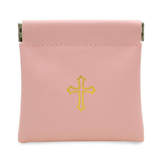 Squeeze Top Rosary Pouch Peach Pink Faux Leather w/Imprint