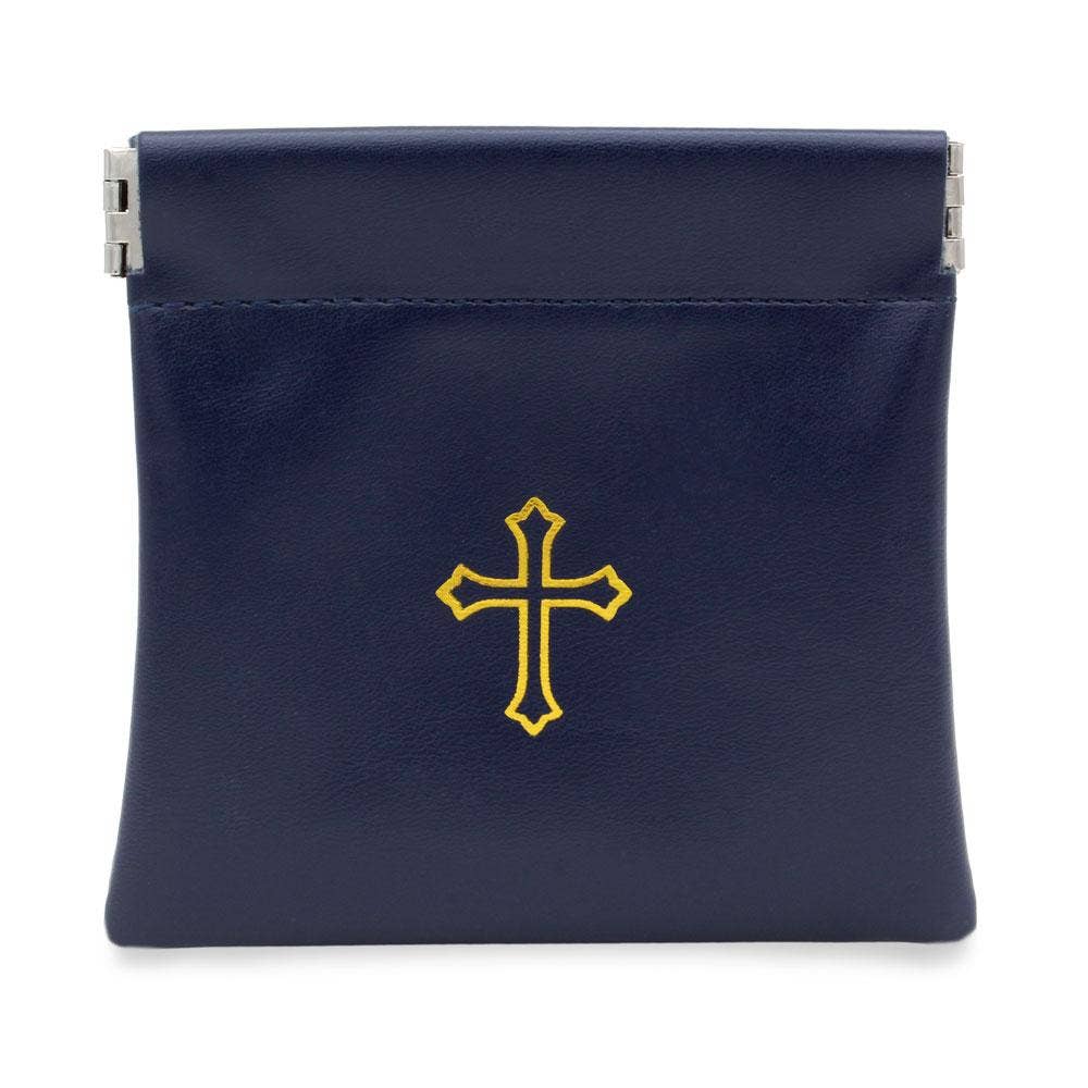 Squeeze Top Rosary Pouch Dark Blue Faux Leather w/Imprint