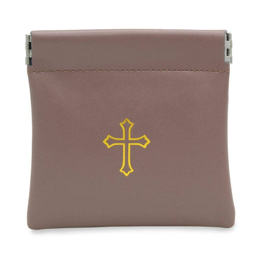 Squeeze Top Rosary Pouch Brown Faux Leather w/Cross Imprint
