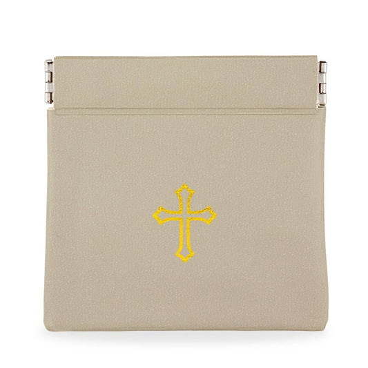 Gray Vinyl Rosary Pouch Squeeze Top Gold Cross Imprint