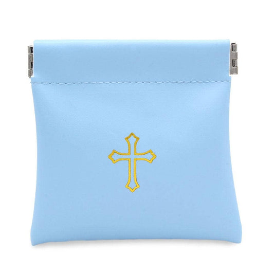 Squeeze Top Rosary Pouch Light Blue Faux Leather w/Imprint