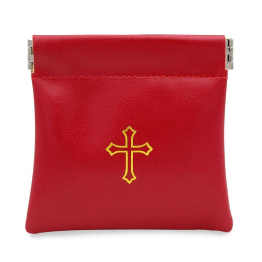 Squeeze Top Rosary Pouch Red Faux Leather w/Cross Imprint