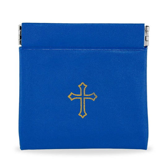 Blue Vinyl Rosary Pouch Squeeze Top Gold Cross Imprint