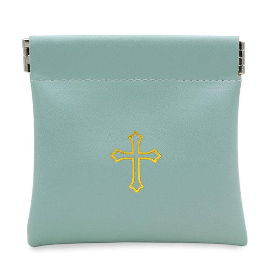 Squeeze Top Rosary Pouch Green Faux Leather w/Cross Imprint