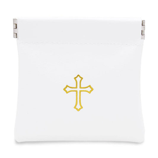 Squeeze Top Rosary Pouch White Faux Leather w/Cross Imprint